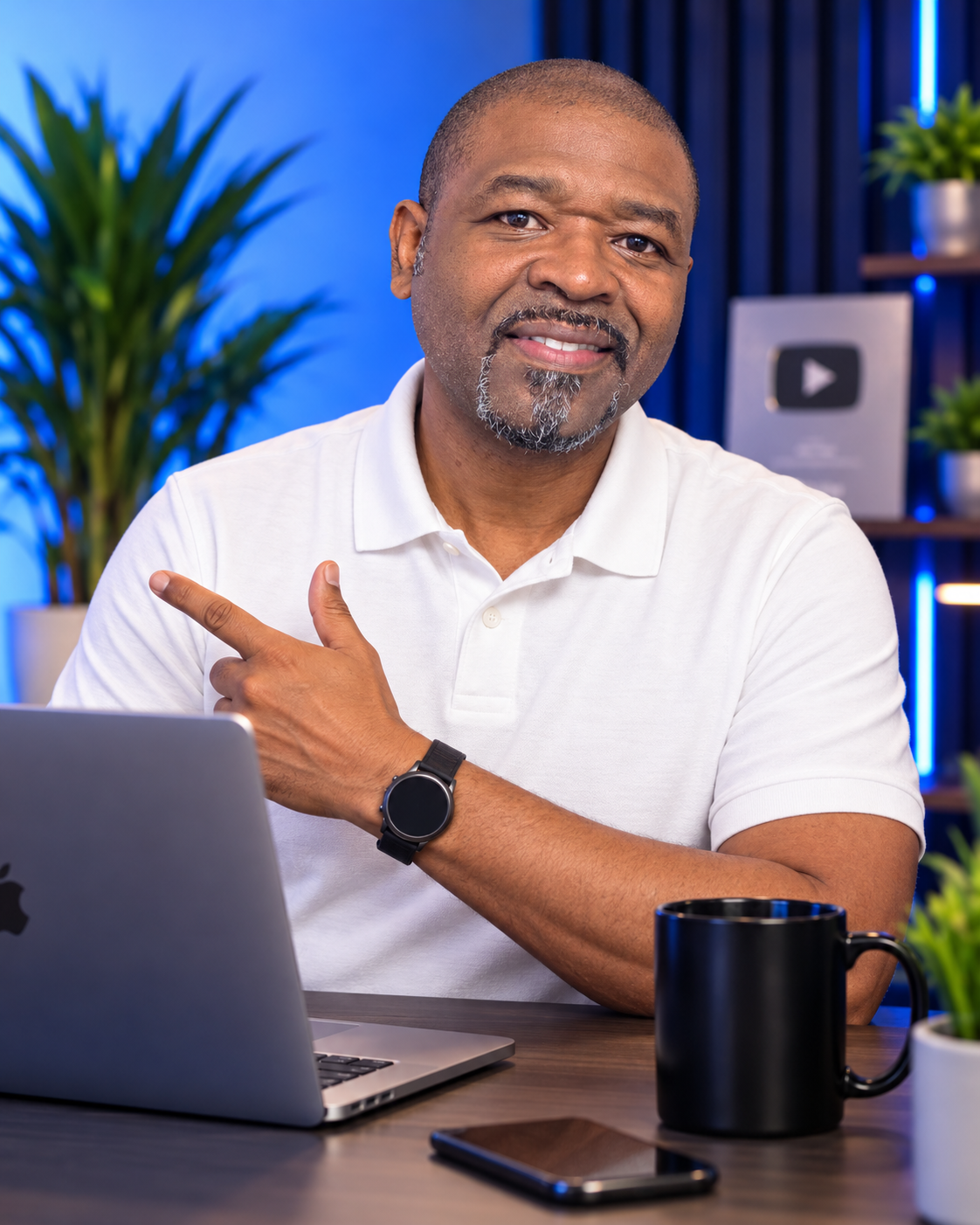 Mark Clayborne in his blue-lit studio, wearing a white polo and pointing toward the training benefits
